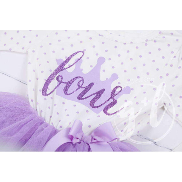 4th Birthday Outfit "FOUR" Crown Purple Polka Dot Long Sleeve Dress & Purple Bow Headband - Grace and Lucille