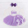 4th Birthday Outfit "FOUR" Crown Purple Polka Dot Long Sleeve Dress & Purple Bow Headband - Grace and Lucille