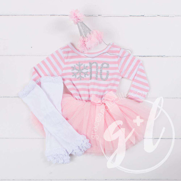 1st Birthday Dress Winter Wonderland "ONE" Pink Stripe Long Sleeve, White Leg Warmers & Pink Hat - Grace and Lucille
