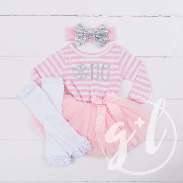 1st Birthday Winter Wonderland "ONE" Pink Stripe Long Sleeve Dress, White Leg Warmers with Pink & Silver Bow Headband - Grace and Lucille