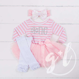 1st Birthday Winter Wonderland "ONE" Pink Stripe Long Sleeve Dress, White Leg Warmers with Pink & White Bow Headband - Grace and Lucille