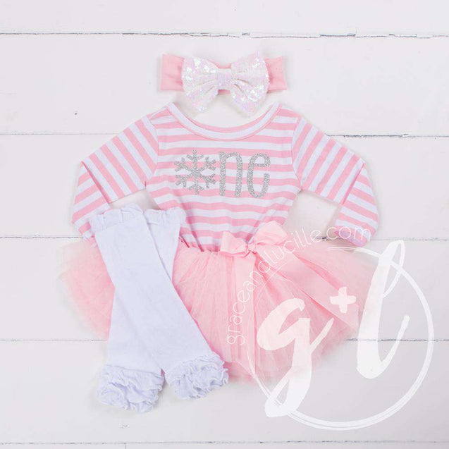 1st Birthday Winter Wonderland "ONE" Pink Stripe Long Sleeve Dress, White Leg Warmers with Pink & White Bow Headband - Grace and Lucille