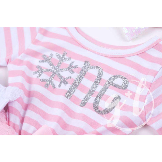 1st Birthday Winter Wonderland "ONE" Pink Stripe Long Sleeve Dress, White Leg Warmers with Pink & Silver Bow Headband - Grace and Lucille