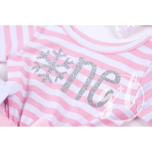 1st Birthday Dress Winter Wonderland "ONE" Pink Stripe Long Sleeve, White Leg Warmers & Pink Hat - Grace and Lucille