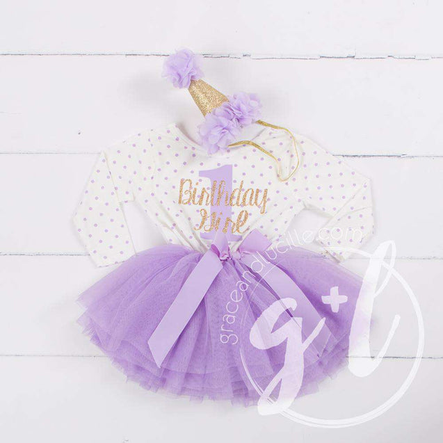 1st Birthday Outfit "1" Gold "Birthday Girl" Purple Polka Dot Long Sleeve Dress & Purple/Gold Party Hat - Grace and Lucille
