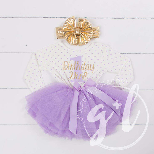 1st Birthday Outfit "1" Gold "Birthday Girl" Purple Polka Dot Long Sleeve Dress & Gold Lame Headband - Grace and Lucille