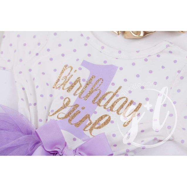 1st Birthday Outfit "1" Gold "Birthday Girl" Purple Polka Dot Long Sleeve Dress & Gold Lame Headband - Grace and Lucille