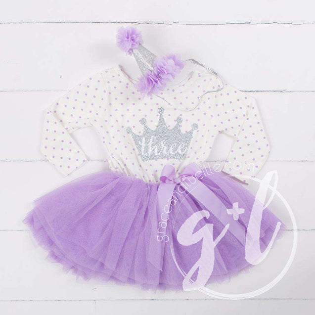 3rd Birthday Outfit "THREE" Silver Crown Purple Polka Dot Long Sleeve Dress & Purple /Silver Party Hat - Grace and Lucille