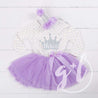 3rd Birthday Outfit "THREE" Silver Crown Purple Polka Dot Long Sleeve Dress & Purple /Silver Party Hat - Grace and Lucille