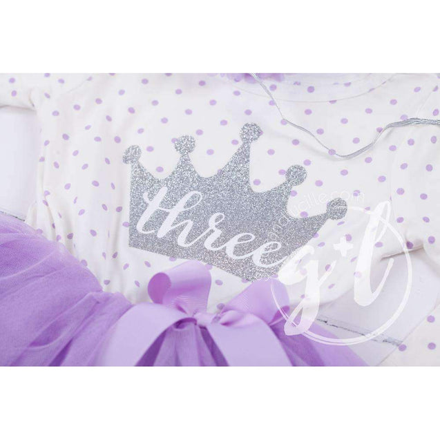 3rd Birthday Outfit "THREE" Silver Crown Purple Polka Dot Long Sleeve Dress & Purple /Silver Party Hat - Grace and Lucille