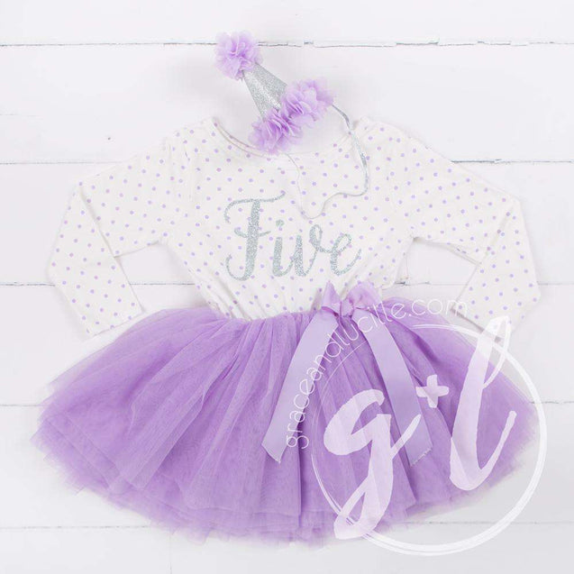5th Birthday Outfit Silver Script "FIVE" Purple Polka Dot Long Sleeve Dress & Purple /Silver Party Hat - Grace and Lucille
