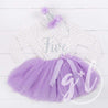 5th Birthday Outfit Silver Script "FIVE" Purple Polka Dot Long Sleeve Dress & Purple /Silver Party Hat - Grace and Lucille