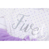 5th Birthday Outfit Silver Script "FIVE" Purple Polka Dot Long Sleeve Dress & Purple /Silver Party Hat - Grace and Lucille