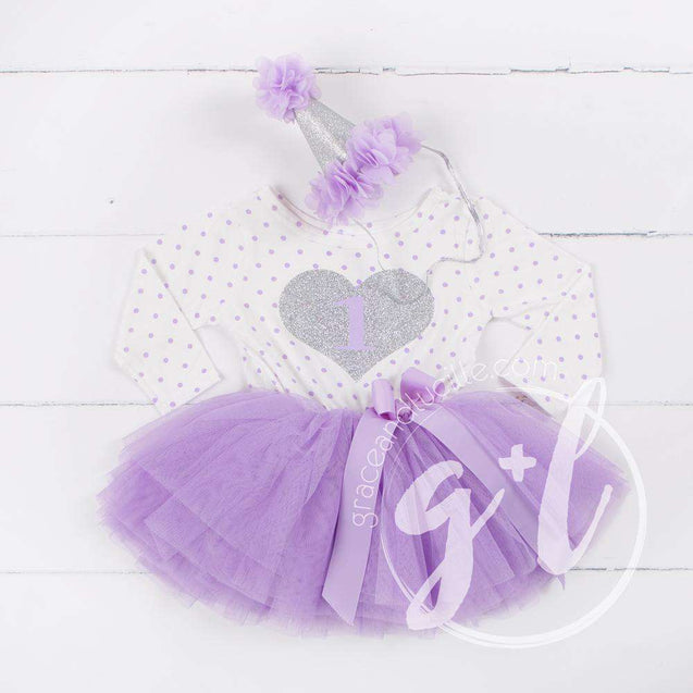 1st Birthday Outfit Silver Heart & Lavender "1" on Purple Polka Dot Long Sleeve Dress & Purple/Silver Party Hat - Grace and Lucille
