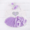 1st Birthday Outfit Silver Heart & Lavender "1" on Purple Polka Dot Long Sleeve Dress & Purple/Silver Party Hat - Grace and Lucille