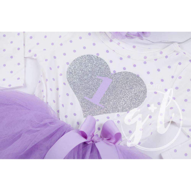1st Birthday Outfit Silver Heart & Lavender "1" on Purple Polka Dot Long Sleeve Dress & Purple/Silver Party Hat - Grace and Lucille