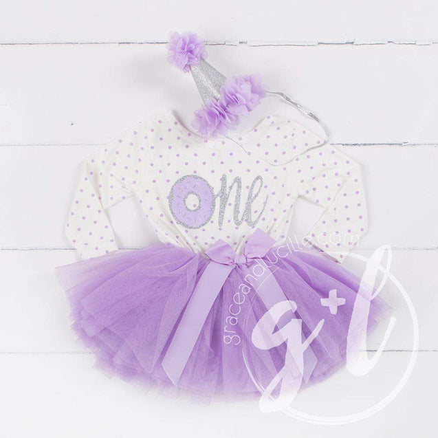 1st Birthday Outfit Silver Donut "ONE" on Purple Polka Dot Long Sleeve Dress & Purple/Silver Party Hat - Grace and Lucille