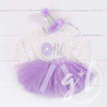 1st Birthday Outfit Silver Donut "ONE" on Purple Polka Dot Long Sleeve Dress & Purple/Silver Party Hat - Grace and Lucille