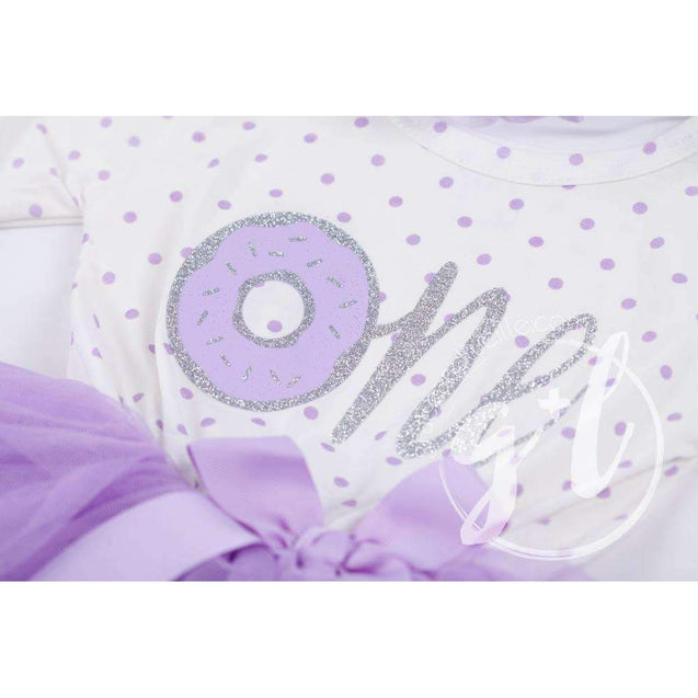 1st Birthday Outfit Silver Donut "ONE" on Purple Polka Dot Long Sleeve Dress & Purple/Silver Party Hat - Grace and Lucille