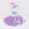 2nd Birthday Outfit Aqua Starfish "TWO" on Purple Polka Dot Long Sleeve Dress & Purple/Silver Party Hat - Grace and Lucille