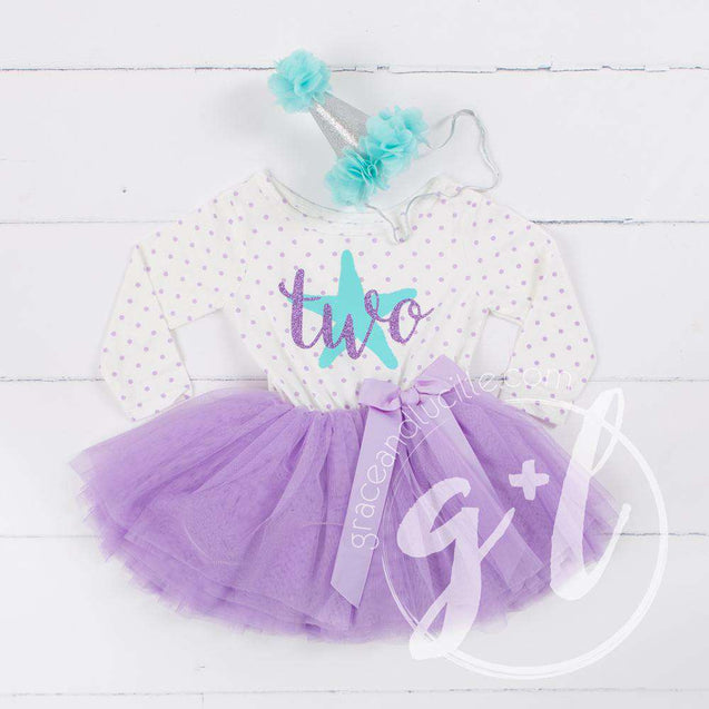 2nd Birthday Outfit Aqua Starfish "TWO" on Purple Polka Dot Long Sleeve Dress & Aqua/Silver Party Hat - Grace and Lucille