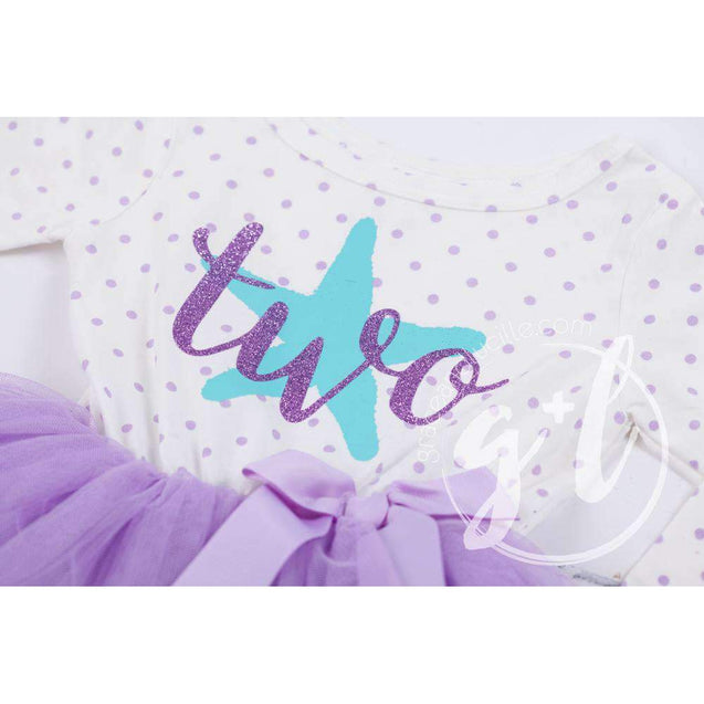2nd Birthday Outfit Aqua Starfish "TWO" on Purple Polka Dot Long Sleeve Dress & Purple/Silver Party Hat - Grace and Lucille