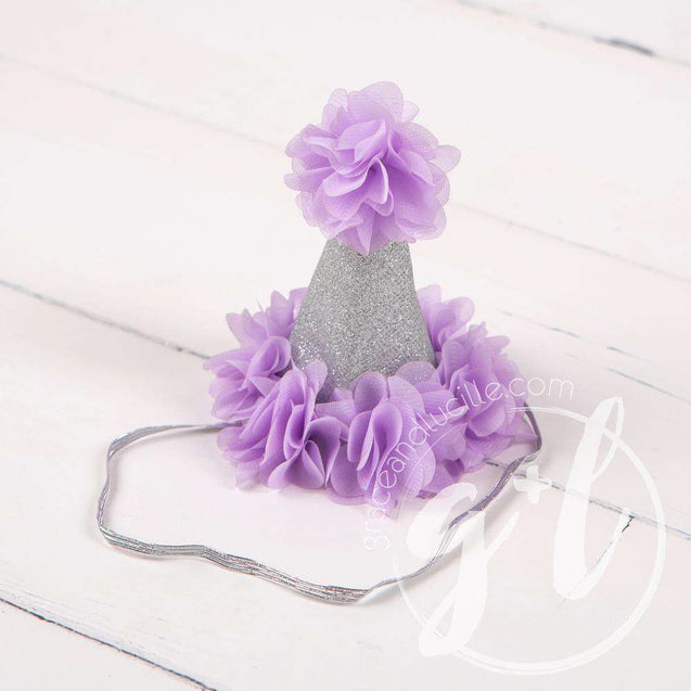 1st Birthday Outfit "ONE" Heart Purple Polka Dot Long Sleeve Dress & Purple/Silver Party Hat - Grace and Lucille