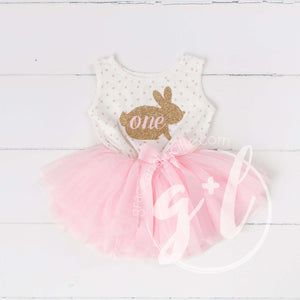 Easter Bunny 1st Birthday Gold "ONE" on Pink Polka Dot Sleeveless Tutu Dress - Grace and Lucille