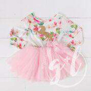 Pink Floral Long Sleeve Tutu Party Dress with Gold Prancing Unicorn - Grace and Lucille