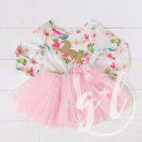 Pink Floral Long Sleeve Tutu Party Dress with Gold Prancing Unicorn - Grace and Lucille