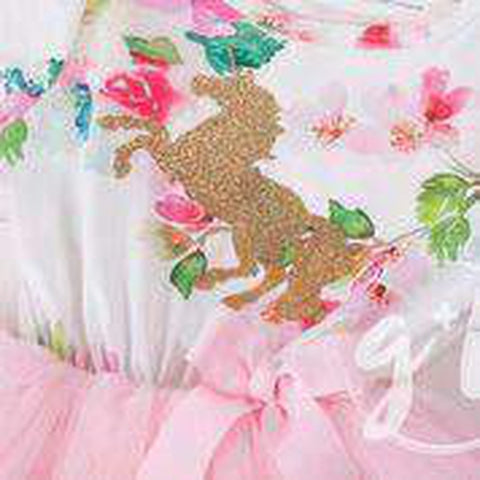 Pink Floral Long Sleeve Tutu Party Dress with Gold Prancing Unicorn - Grace and Lucille