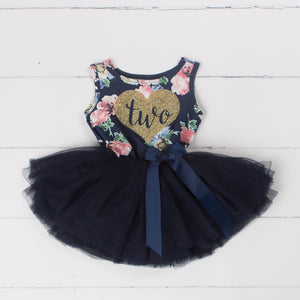 2nd Birthday Dress Gold Heart "TWO" on Navy Floral Sleeveless Tutu Dress