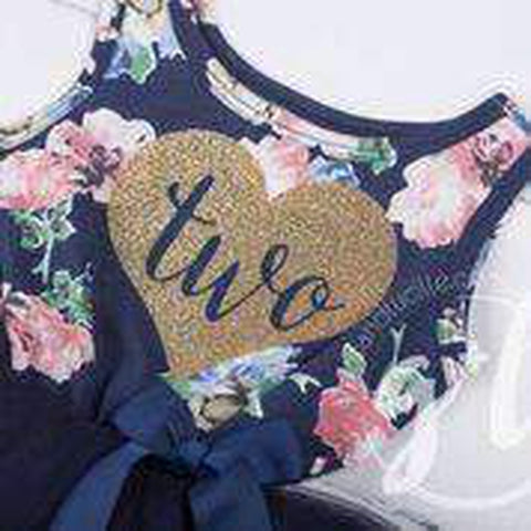 2nd Birthday Dress Gold Heart "TWO" on Navy Floral Sleeveless Tutu Dress - Grace and Lucille