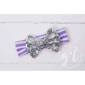 Silver Sequined Bow on Purple Striped Headband - Grace and Lucille