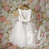 Angelic Flower Girl Pearl White Dress with Charcoal Grey Sash, Tulle Gown - Grace and Lucille