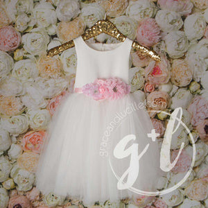 Angelic Flower Girl Pearl White Dress with Rose Pink Sash, Tulle Gown - Grace and Lucille