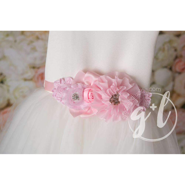 Angelic Flower Girl Pearl White Dress with Rose Pink Sash, Tulle Gown - Grace and Lucille