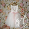 Angelic Flower Girl Pearl White Dress with Rose Pink Sash, Tulle Gown - Grace and Lucille
