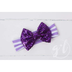 Purple Sequined Bow on Purple & White Striped Headband - Grace and Lucille