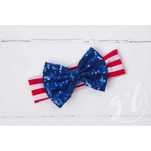 Patriotic Blue Sequined Bow on Red & White Striped Headband - Grace and Lucille