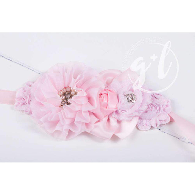 Flower Girl Sash Hand Beaded Flowers in Rose Pink - Grace and Lucille