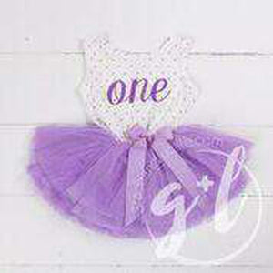 1st Birthday Outfit Purple Script "ONE" on Purple Polka Dot Sleeveless Dress - Grace and Lucille