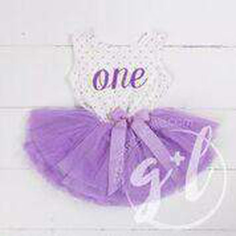 1st Birthday Outfit Purple Script "ONE" on Purple Polka Dot Sleeveless Dress - Grace and Lucille