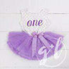 1st Birthday Outfit Purple Script "ONE" on Purple Polka Dot Sleeveless Dress - Grace and Lucille