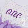 1st Birthday Outfit Purple Script "ONE" on Purple Polka Dot Sleeveless Dress - Grace and Lucille