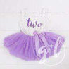 2nd Birthday Outfit Purple Script "TWO" on Purple Polka Dot Sleeveless Dress - Grace and Lucille