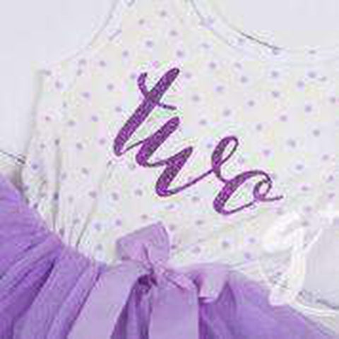 2nd Birthday Outfit Purple Script "TWO" on Purple Polka Dot Sleeveless Dress - Grace and Lucille