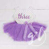 3rd Birthday Outfit Purple Script "THREE" on Purple Polka Dot Sleeveless Dress - Grace and Lucille
