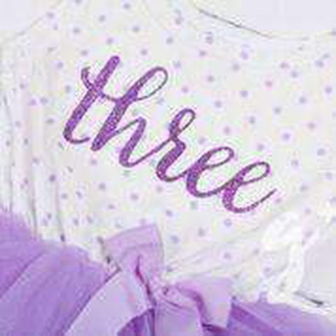 3rd Birthday Outfit Purple Script "THREE" on Purple Polka Dot Sleeveless Dress - Grace and Lucille