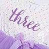 3rd Birthday Outfit Purple Script "THREE" on Purple Polka Dot Sleeveless Dress - Grace and Lucille